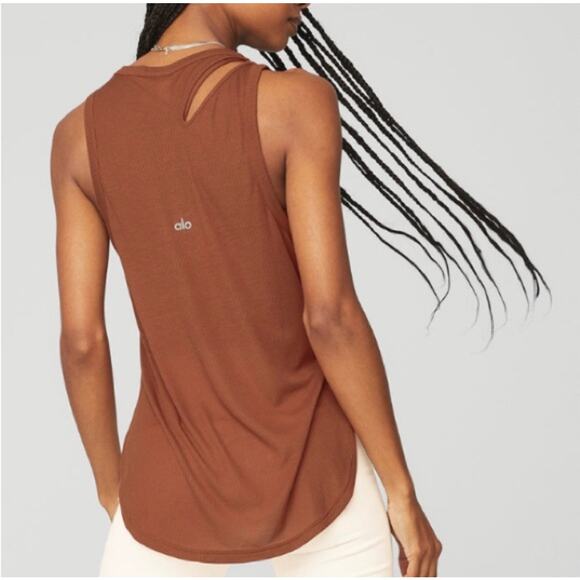 ALO Yoga Ribbed Peak Cut Out Tank Top Women's Small Orange Brown Athleisure Gym - Picture 3 of 9